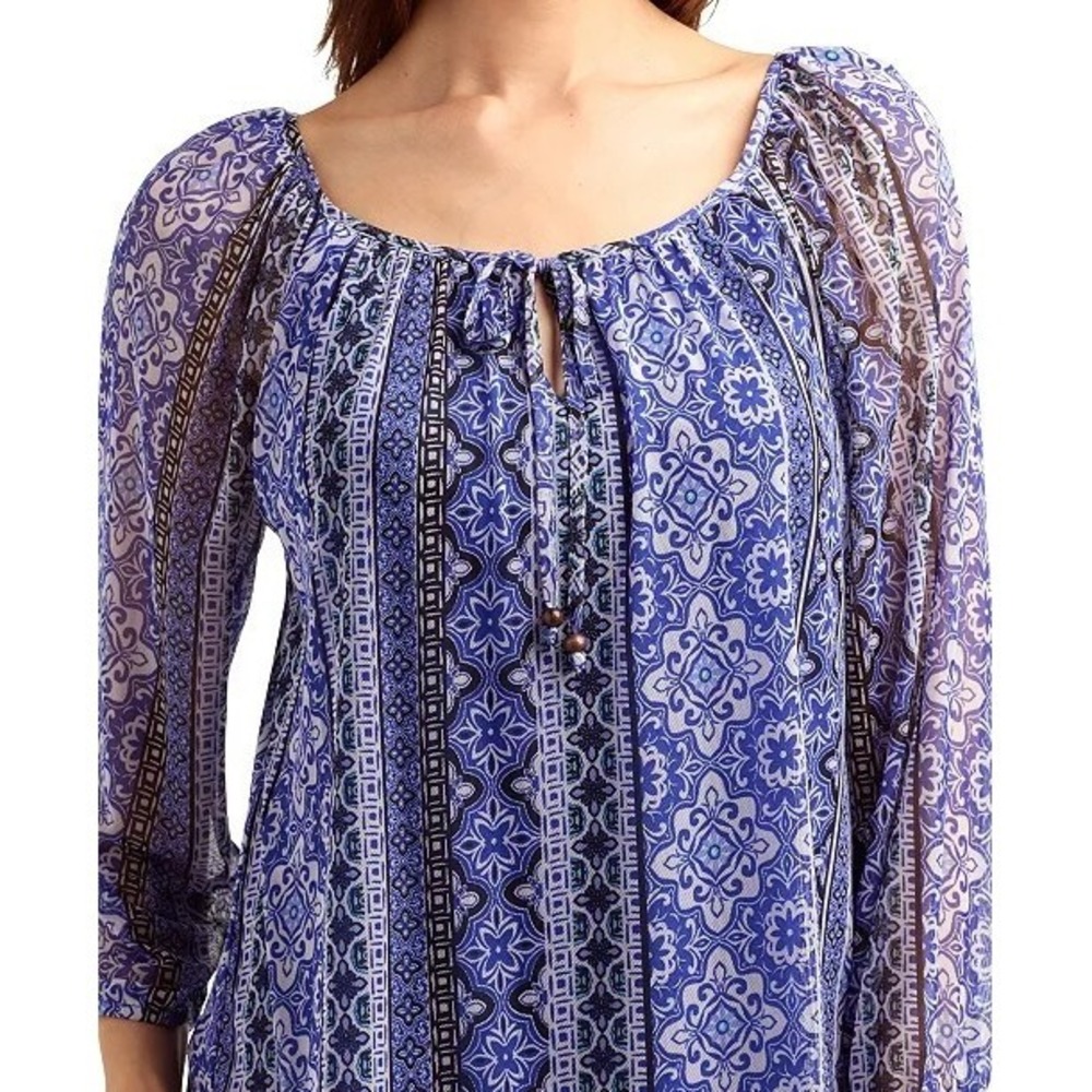 NWT BCX PRINT MESH SCOOP NECK PEASANT TOP boat neck womans XL - Picture 6 of 10